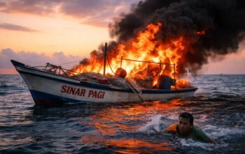 Perahu Fiber Ujunggenteng Terbakar Saat Melaut, Nelayan Berhasil Selamat 